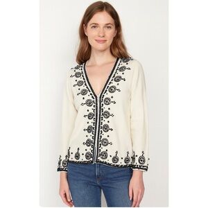 NWT VINTAGE BOSTON PROPER | Cream and Black Beaded Cardigan‎ Sweater Sz. Small